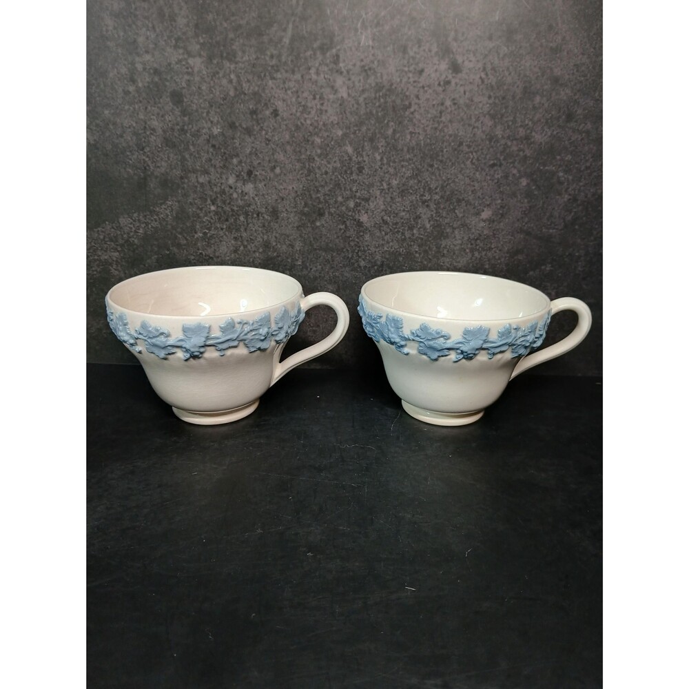 Wedgwood Queen’s Ware Blue on White Embossed Coffee Cups Pair Mixed Condition - Picture 9 of 16